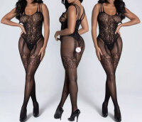 Lace Eclipse Garter Bodystocking – Black lace fishnet catsuit with multi strap shoulders, garter effect & open crotch, XS–XL