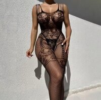 Lace Eclipse Garter Bodystocking – Black lace fishnet catsuit with multi strap shoulders, garter effect & open crotch, XS–XL
