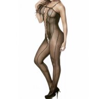 Noir Corset Line Bodystocking – Schwarzer Netz-Catsuit mit Frontschnürung, vertikalen Linien & ouvert Schritt, One Size XS–L