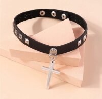 Gothic Cross Rivet Choker – Black Faux Leather Necklace with Cross Pendant & Studs
