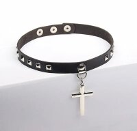Gothic Cross Rivet Choker – Black Faux Leather Necklace with Cross Pendant & Studs