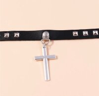 Gothic Cross Rivet Choker – Black Faux Leather Necklace with Cross Pendant & Studs