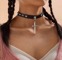 Gothic Cross Rivet Choker – Black Faux Leather Necklace with Cross Pendant & Studs