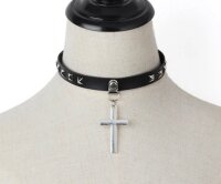 Gothic Cross Rivet Choker – Black Faux Leather Necklace with Cross Pendant & Studs
