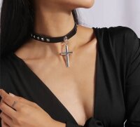 Gothic Cross Rivet Choker – Black Faux Leather Necklace with Cross Pendant & Studs