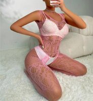 Blush Petal Multi-Strap Lace Bodystocking – Zarter rosa Spitzen-Catsuit, ouvert, Einheitsgröße XS–XL (34–42) bis ca. 90 kg