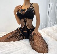 Noir Eclipse Garter Bodystocking – Black fishnet catsuit with garter illusion, cut out panels & open crotch, one size XS–L (EU 34–40), curve shaping stretch