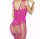 Neon Siren Bodystocking – Hot pink floral fishnet catsuit with open crotch & multi strap shoulders, one size XS–XL, soft stretch & curve hugging