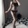 Noir Polka Line Bodystocking – Black sheer mesh with polka dot waist, triple thigh stripes & open crotch, one size XS–M