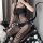 Noir Polka Line Bodystocking – Black sheer mesh with polka dot waist, triple thigh stripes & open crotch, one size XS–M