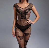 Butterfly Veil Bodystocking – Black fishnet catsuit with butterfly motifs & open crotch, one size XS–L (EU 34–40)
