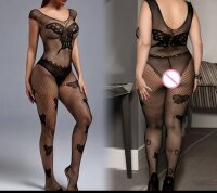 Butterfly Veil Bodystocking – Black fishnet catsuit with butterfly motifs & open crotch, one size XS–L (EU 34–40)