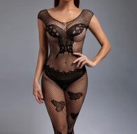 Butterfly Veil Bodystocking – Black fishnet catsuit with butterfly motifs & open crotch, one size XS–L (EU 34–40)