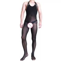 Obsidian Veil Men’s Bodystocking – Schwarzer Herren Catsuit mit Halterneck, rückenfrei & Ouvert Schritt, XS–M (34–38), transparent & elastisch