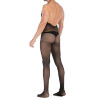Obsidian Veil Men’s Bodystocking – Schwarzer Herren Catsuit mit Halterneck, rückenfrei & Ouvert Schritt, XS–M (34–38), transparent & elastisch