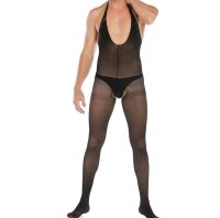 Obsidian Veil Men’s Bodystocking – Schwarzer Herren Catsuit mit Halterneck, rückenfrei & Ouvert Schritt, XS–M (34–38), transparent & elastisch