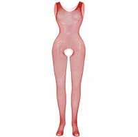 Crimson Sheer Net Bodystocking – Red Fishnet Catsuit with Deep Neckline & Open Crotch, One Size XS–L up to 75 kg