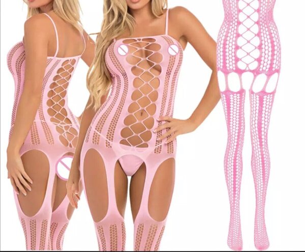 Rosé Temptation Bodystocking – Zartrosa Netz Catsuit mit Leiter Schnürung, Straps Optik & ouvert Schritt, One Size XS–L
