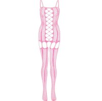 Rosé Temptation Bodystocking – Zartrosa Netz Catsuit mit Leiter Schnürung, Straps Optik & ouvert Schritt, One Size XS–L
