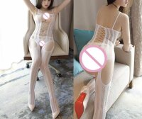 Arctic Petal Straps Bodystocking – Weißer Netz Catsuit mit Lace Up Front, Straps Optik & ouvert Schritt, One Size XS–L bis ca. 70 kg