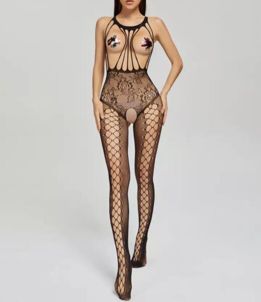 Midnight Ivy Bodystocking – Schwarzer Netz-Catsuit mit floraler Spitze und ouvert Schritt für XS–M