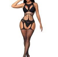 Obsidian Flame Bodystocking – Black Cut-Out Fishnet Catsuit with Open Crotch, XS-L