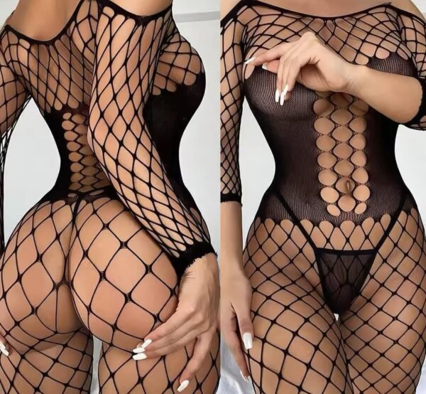 Seductive Off-Shoulder Net Bodystocking – Ouvert, dehnbar, XS-L (34-40), Schwarz