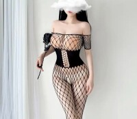 Seductive Off-Shoulder Net Bodystocking – Ouvert, dehnbar, XS-L (34-40), Schwarz
