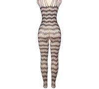Velvet Stripe Lace Bodystocking – Netz-Catsuit mit Streifen & Spitze, ouvert Schritt, XS–L bis 175 cm