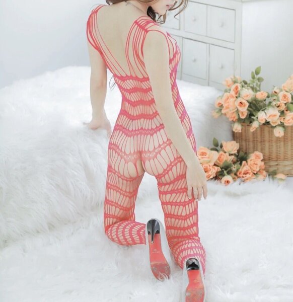 Crimson Desire Bodystocking – Red striped fishnet catsuit with open crotch, one size XS–L