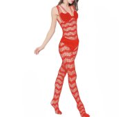 Crimson Desire Bodystocking – Red striped fishnet...