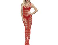Crimson Desire Bodystocking – Red striped fishnet catsuit with open crotch, one size XS–L