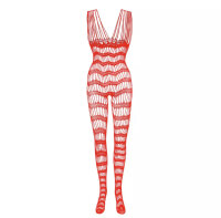Crimson Desire Bodystocking – Red striped fishnet catsuit with open crotch, one size XS–L