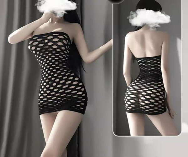 Obsidian Veil Net Dress – Strapless Black Hole Mesh Mini Dress