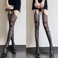 Ribbon Cage Suspender Mesh Pantyhose – Suspender look mesh tights with criss cross ribbons (XS–M up to 70 kg)