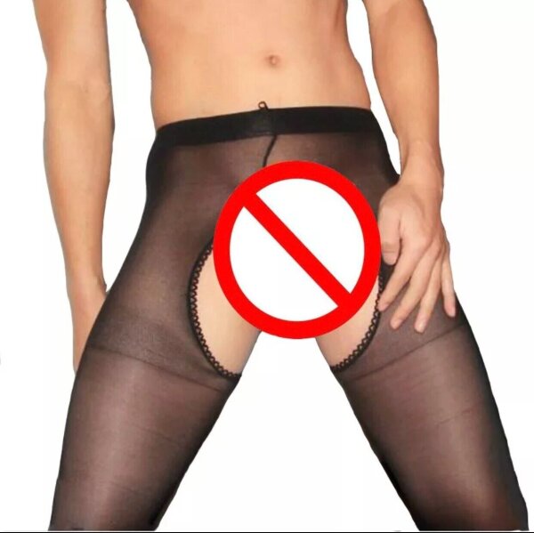 Midnight Desire Men’s Open Crotch Pantyhose – Sheer Nylon Tights for Him with Open Back Design
