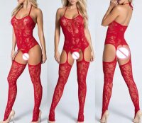 Scarlet Bloom Garter Lace Bodystocking – Red Lace Garter Look, Open Crotch & Halter Neck