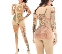 Inkcanvas Dragon Bloom Bodystocking – Second Skin Tattoo Illusion Catsuit with Dragon & Floral Prints, XS–M