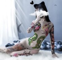 Inkcanvas Dragon Bloom Bodystocking – Second Skin Tattoo Illusion Catsuit with Dragon & Floral Prints, XS–M