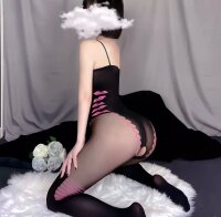 Midnight Kiss Bodystocking – Schwarzer Ouvert Catsuit mit Spaghettiträgern & pinken Akzenten, XS M