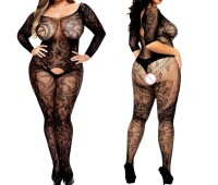 Nocturnal Empress – Sinnlicher Netz-Bodystocking mit floralem Ornamentmuster, ouvert, XS-L, Schwarz