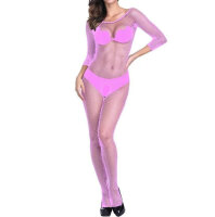 Orchid Glow Mesh Bodystocking – Neon Pink Fishnet Catsuit, Ouvert, 3/4 Arm, elastisch (XS–L 34–40)