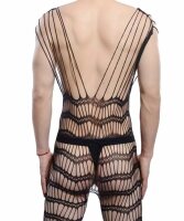 Midnight Bold Men’s Bodystocking – Schwarzer Netz-Catsuit mit Ouvert-Detail & stilvollem Streifenmuster, XS-L, elastisch & verführerisch