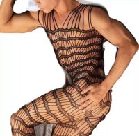 Midnight Bold Men’s Bodystocking – Schwarzer Netz-Catsuit mit Ouvert-Detail & stilvollem Streifenmuster, XS-L, elastisch & verführerisch