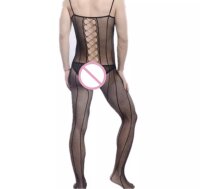 Noir Corset Line Men’s Bodystocking – Black Fishnet Catsuit with Lace-Up Front & Open Crotch, One Size XS-M