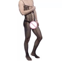 Noir Corset Line Men’s Bodystocking – Black Fishnet Catsuit with Lace-Up Front & Open Crotch, One Size XS-M