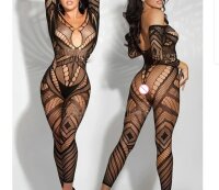 Obsidian Matrix Bodystocking – Schwarzer Ouvert Catsuit mit grafischen Cut outs, XS L