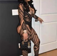 Obsidian Matrix Bodystocking – Schwarzer Ouvert Catsuit mit grafischen Cut outs, XS L