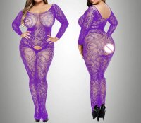 Amethyst Lace Siren Bodystocking – Violetter Spitzen Catsuit mit Ouvert, XS–L (34–40), elastisch & figurbetont