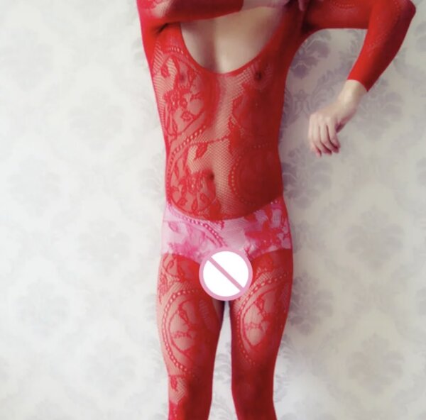 Scarlet Serpent Bodystocking – Men’s Fishnet Catsuit, Red, Open Crotch, XS–L, Stretch & Body-Hugging